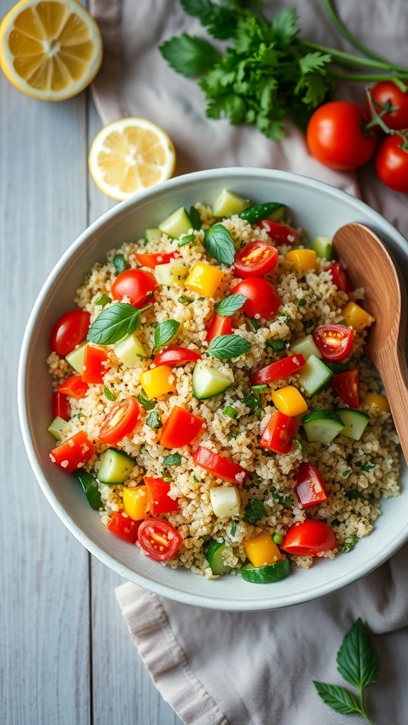 A colorful quinoa salad with bell peppers, cucumbers, tomatoes, and herbs in a bowl on a rustic table.